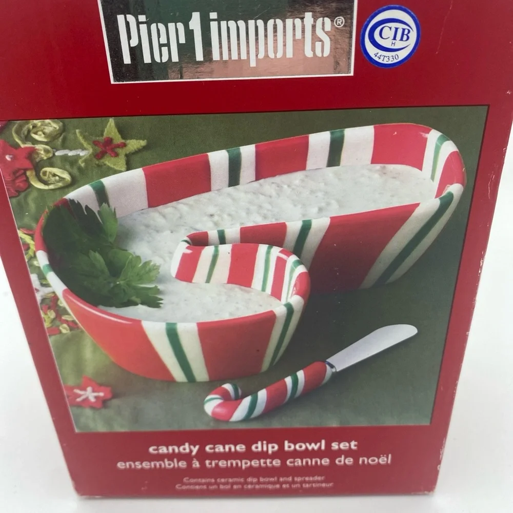 Pier 1 Imports Candy Cane Dip Bowl And Spreader Set ceramic New Open Box